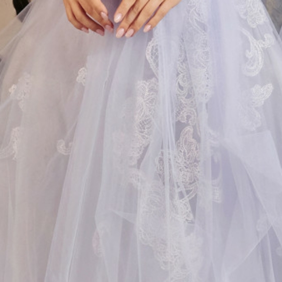 New long blue strapless corset lace applique layered tulle dress - Picture 3 of 7